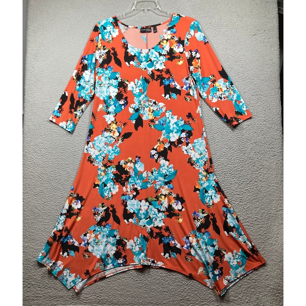 Attitudes by Renee Dress Women Large Orange Floral Sharkbite 3/4 Sleeve Stretch